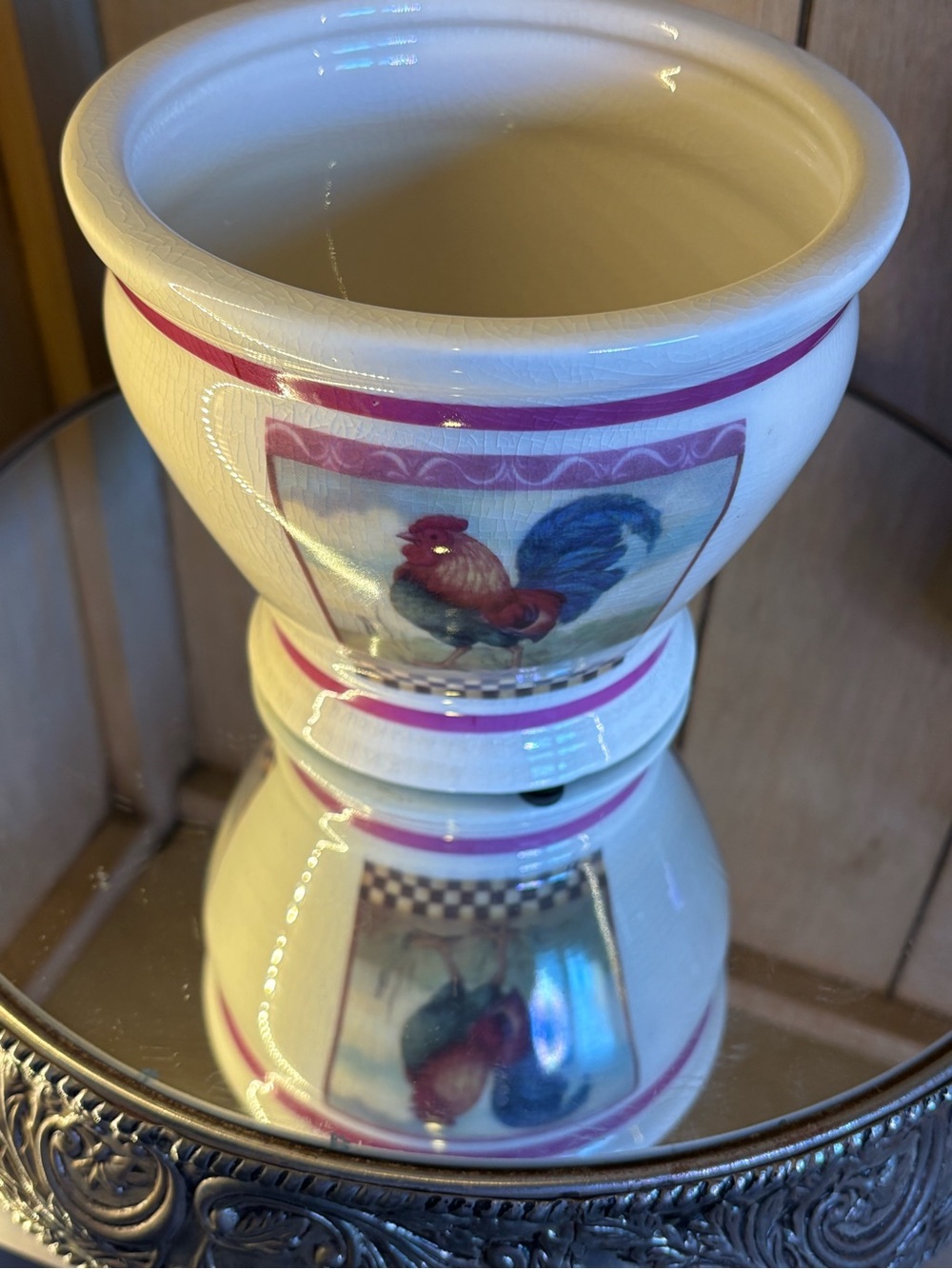 Cream Ceramic Rooster Planter with Pink Accents - Picture 6 of 13